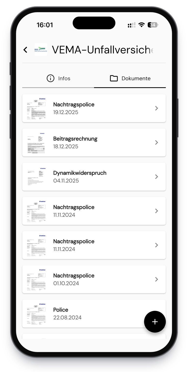 Dokumentenliste eines Vertrags mit Police, Nachträgen und Beitragsrechnung, nach Datum sortiert
