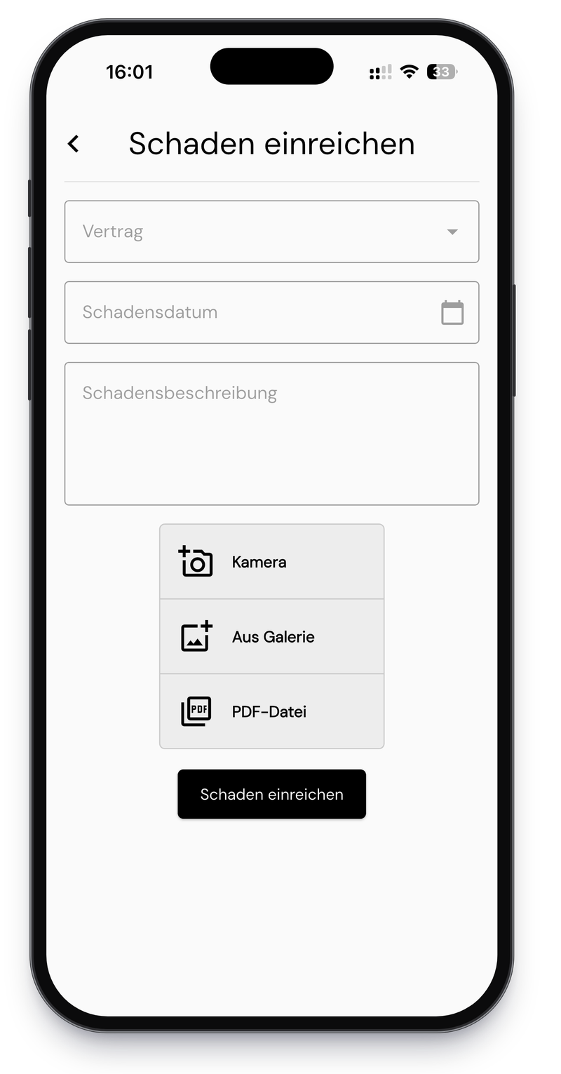 Schadenmeldung mit Vertrag, Schadensdatum, Beschreibung und Fotos aus Kamera, Galerie oder als PDF