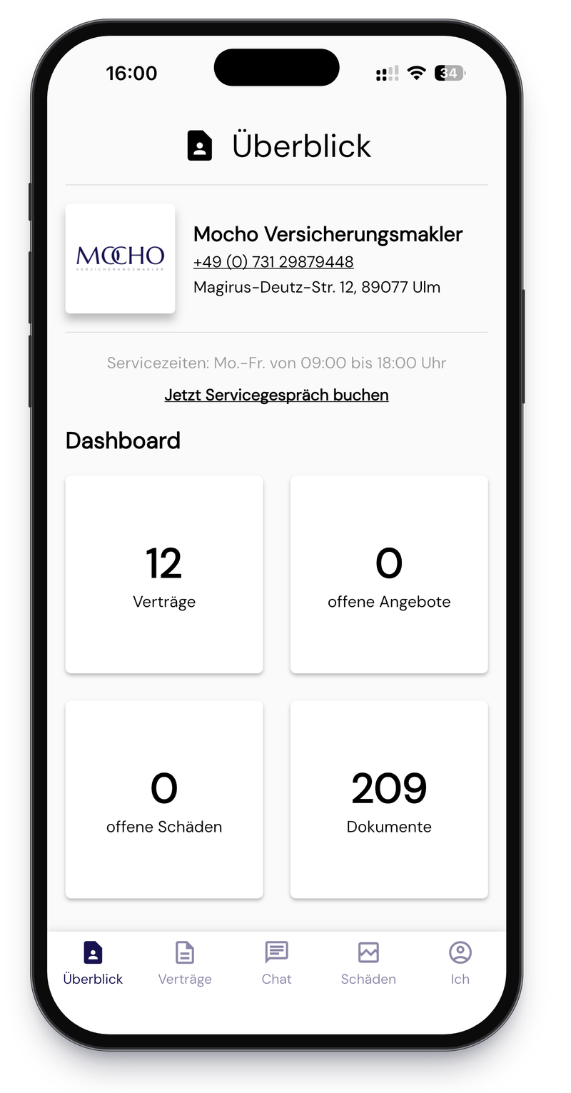 Startseite der App: Kontaktdaten des Maklers, Link zum Servicegespräch, vier Kacheln im Dashboard und das Menü unten