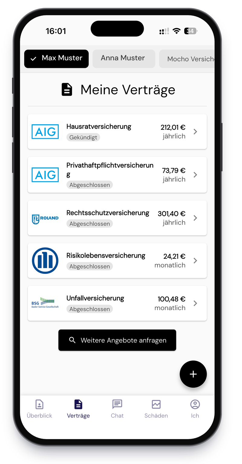 Vertragsliste mit Gesellschaft, Sparte, Beitrag und Status, oben umschaltbar zwischen den Personen des Haushalts