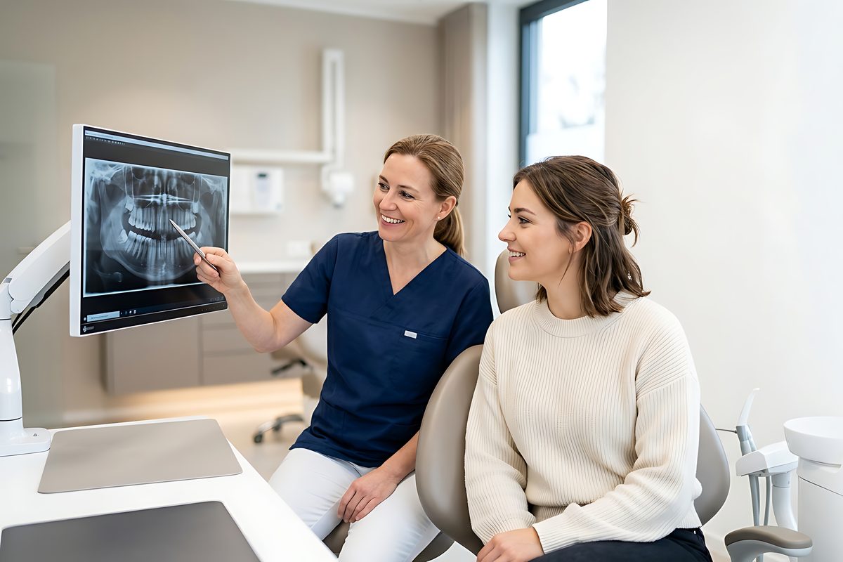 Zahnärztin im dunkelblauen Kasack zeigt einer Patientin eine Röntgenaufnahme auf einem Monitor am Schwenkarm