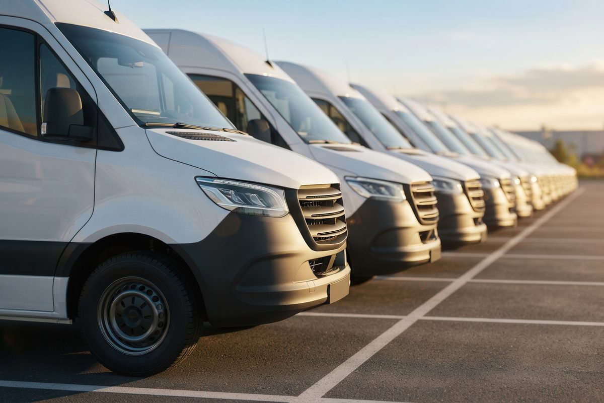 Reihe weißer Transporter schräg von vorn auf einem Parkplatz im Abendlicht, dahinter ein Gewerbebau