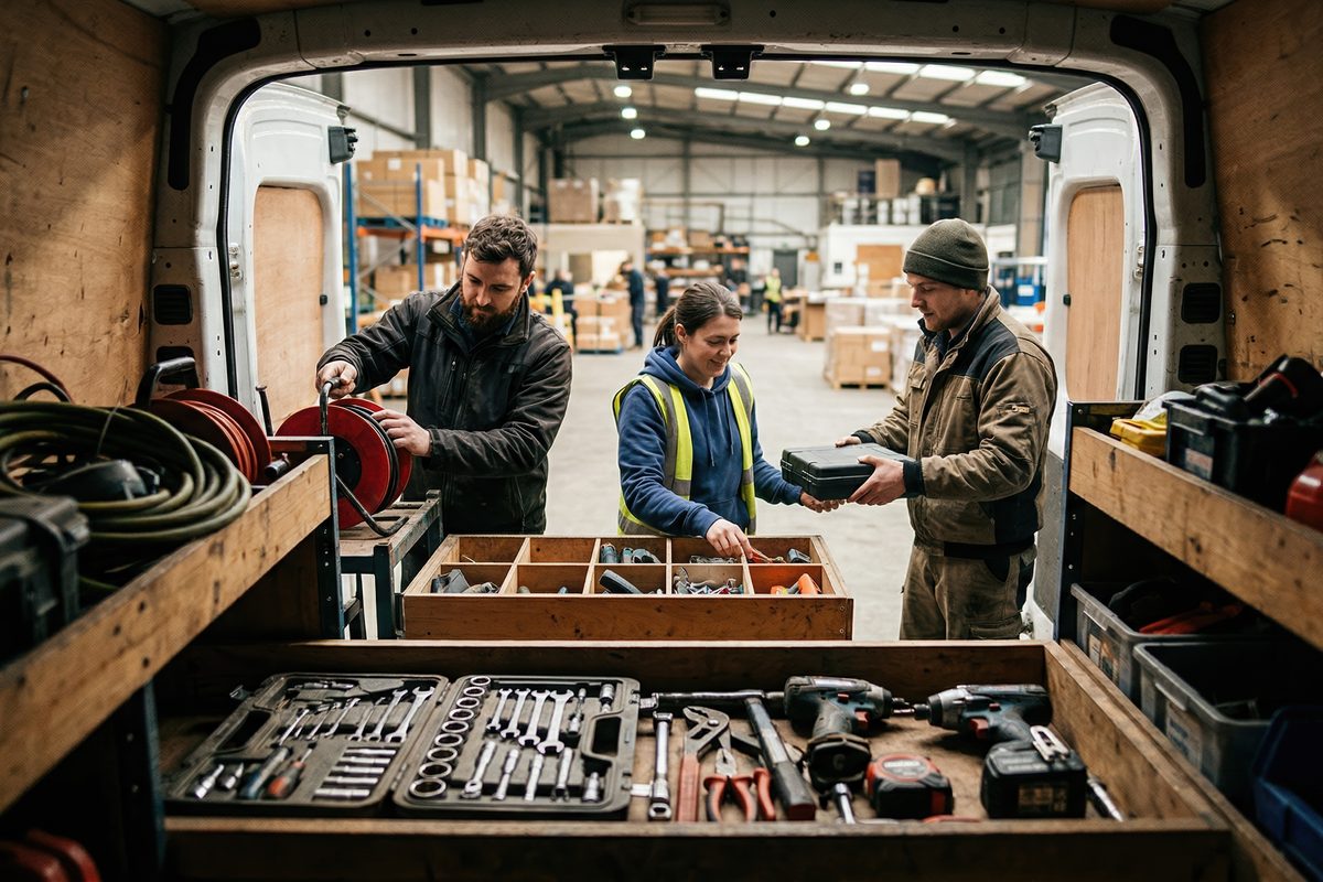 Blick aus dem Laderaum eines Transporters mit Werkzeuglade und Kabeltrommeln, draußen sortieren drei Handwerker in einer Lagerhalle Werkzeug und Material